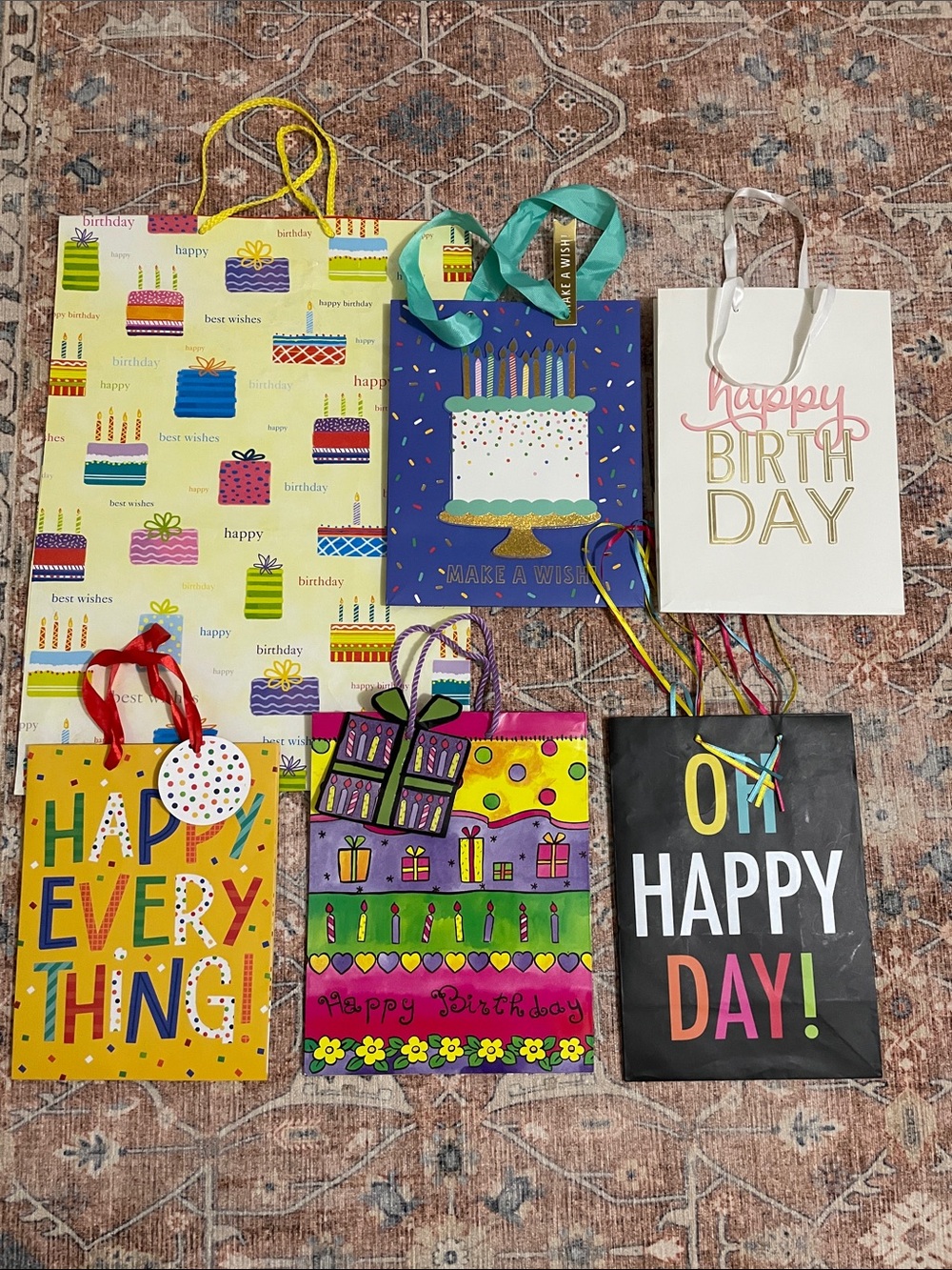 Bundle Set of 6 Colorful Assorted Birthday Gift Bags - Floral & Patterned